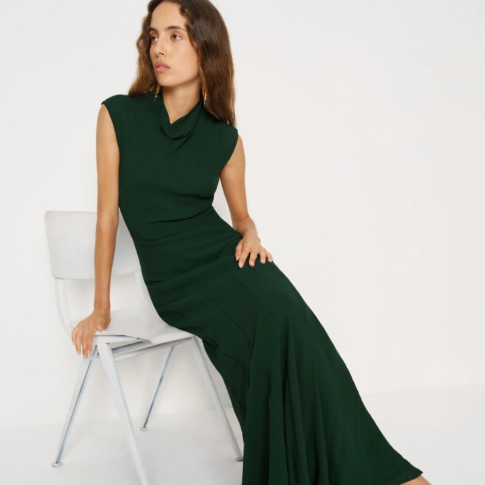 Reformation Alizée Dress | Forest Green Chiffon Maxi Mock Neck | SZ 8 -NWT